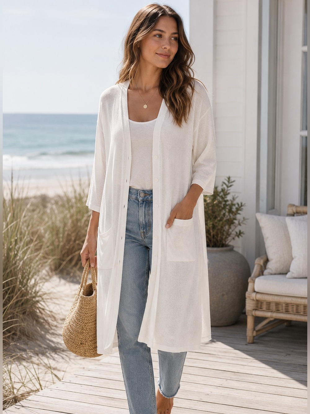 ELIZABETH & JAMES White Button Down Lightweight Coastal Cardigan Size M